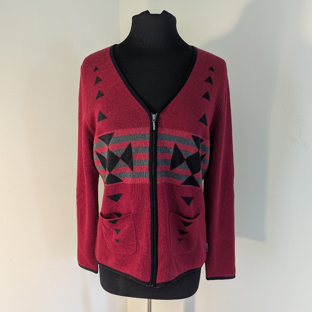 Vintage Y2K Woolrich Red and Black Aztec Geometric Zip Cardigan Womens Size L